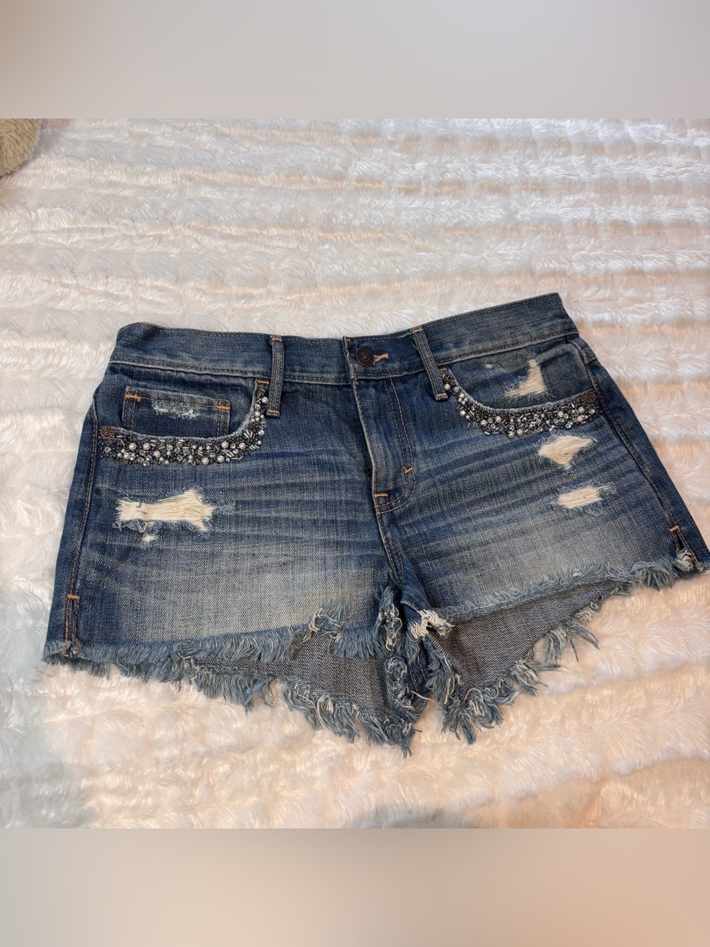 Abercrombie And Fitch Denim Shorts Womens Size 26  Distressed Frayed Hem Beads